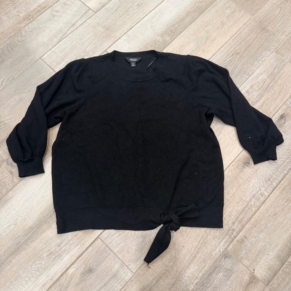 Simply Vera Vera Wang Black Knit Side Tie Top XL 3/4 Sleeve Waffle Pullover